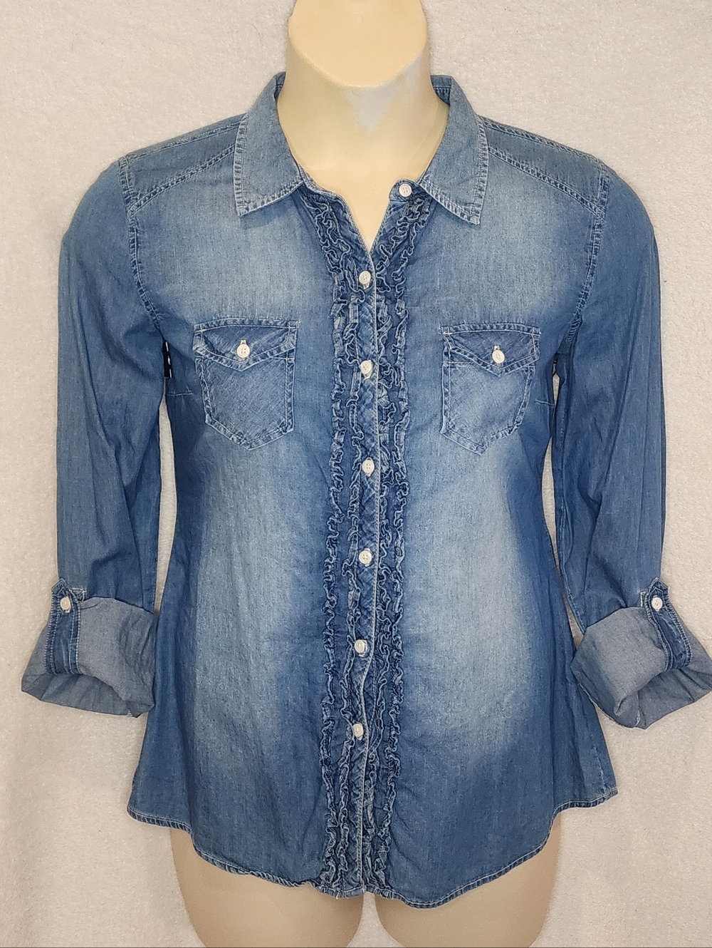 Maurices Light Blue Ruffle-Trim Denim Button Down Shirt